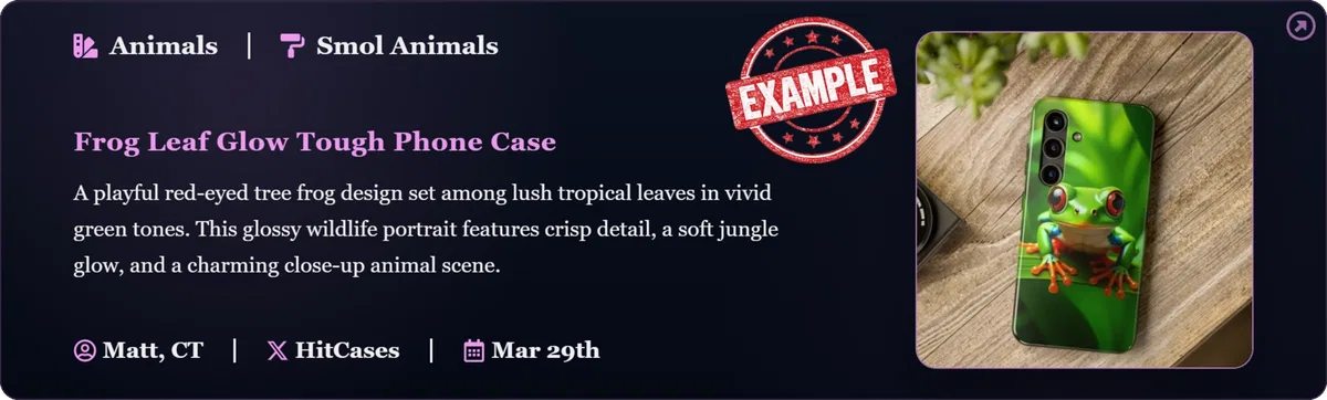 Example Custom Creations product card showing author name, state, and social handle placement